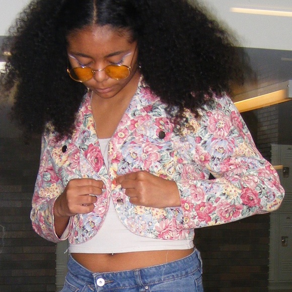 floral pink short 80s denim rampage jean jacket - Picture 3 of 4
